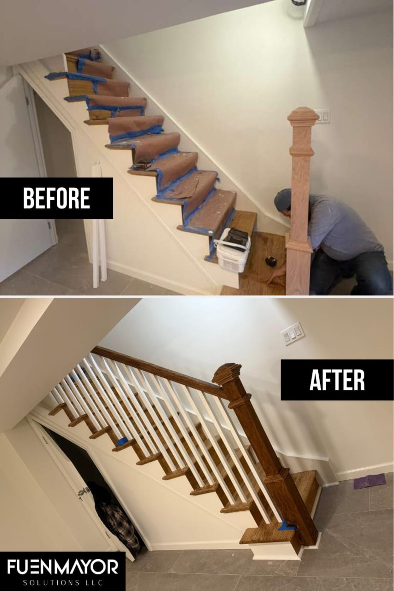 Before and after — staircase rebuild with new railing, NYC project